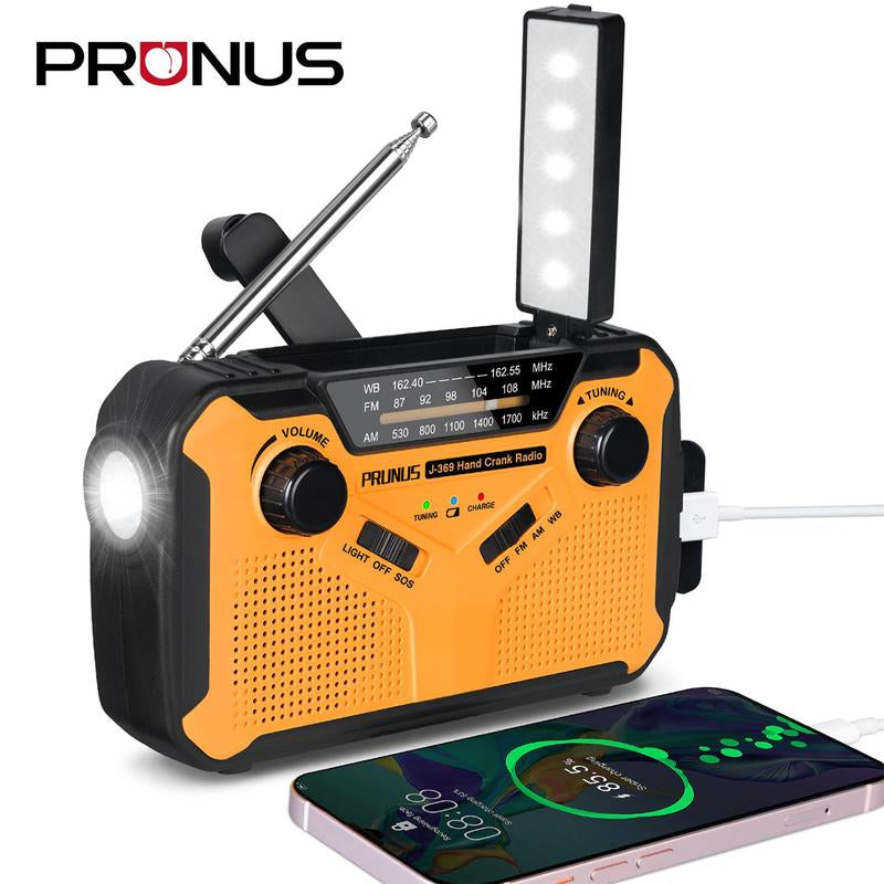 PRUNUS Emergency NOAA Weather Radio with 11100Mwh Portable Power Bank, AA Batteries/Solor/Hand Crank/Usb/Rechargeable Batteries, LED Flashlight and Reading Lamp,Sos Alarm & Flashlight,Am FM, J-369 Audio