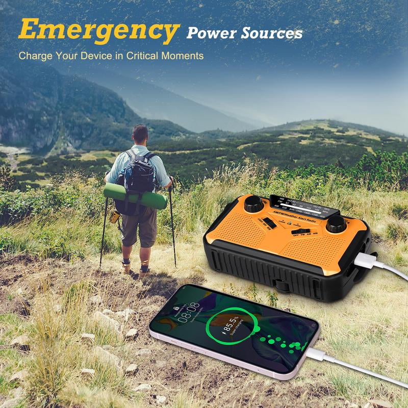 PRUNUS Emergency NOAA Weather Radio with 11100Mwh Portable Power Bank, AA Batteries/Solor/Hand Crank/Usb/Rechargeable Batteries, LED Flashlight and Reading Lamp,Sos Alarm & Flashlight,Am FM, J-369 Audio