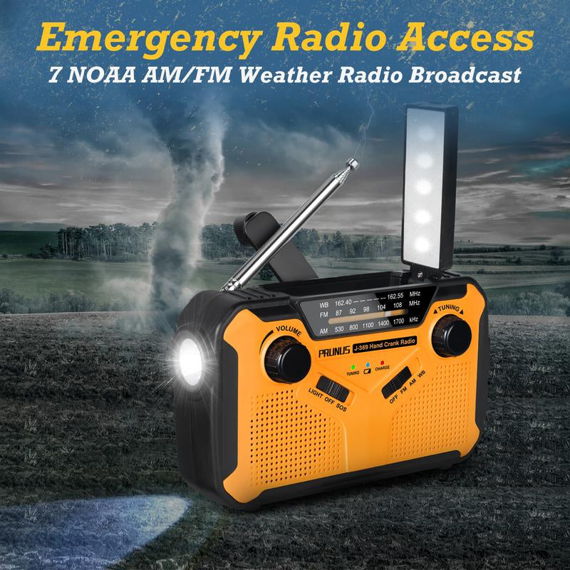 PRUNUS Emergency NOAA Weather Radio with 11100Mwh Portable Power Bank, AA Batteries/Solor/Hand Crank/Usb/Rechargeable Batteries, LED Flashlight and Reading Lamp,Sos Alarm & Flashlight,Am FM, J-369 Audio